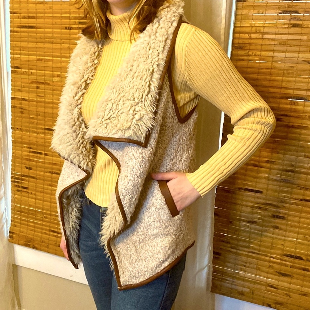 Sherpa & Faux fur flowy ruffle front vest wool blend faux leather trim